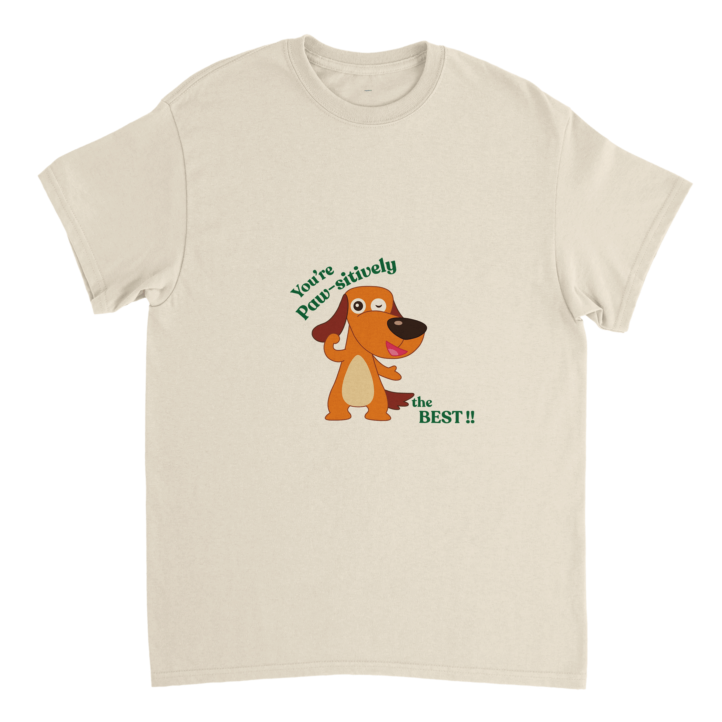 Beige t-shirt with a cartoon dog and text