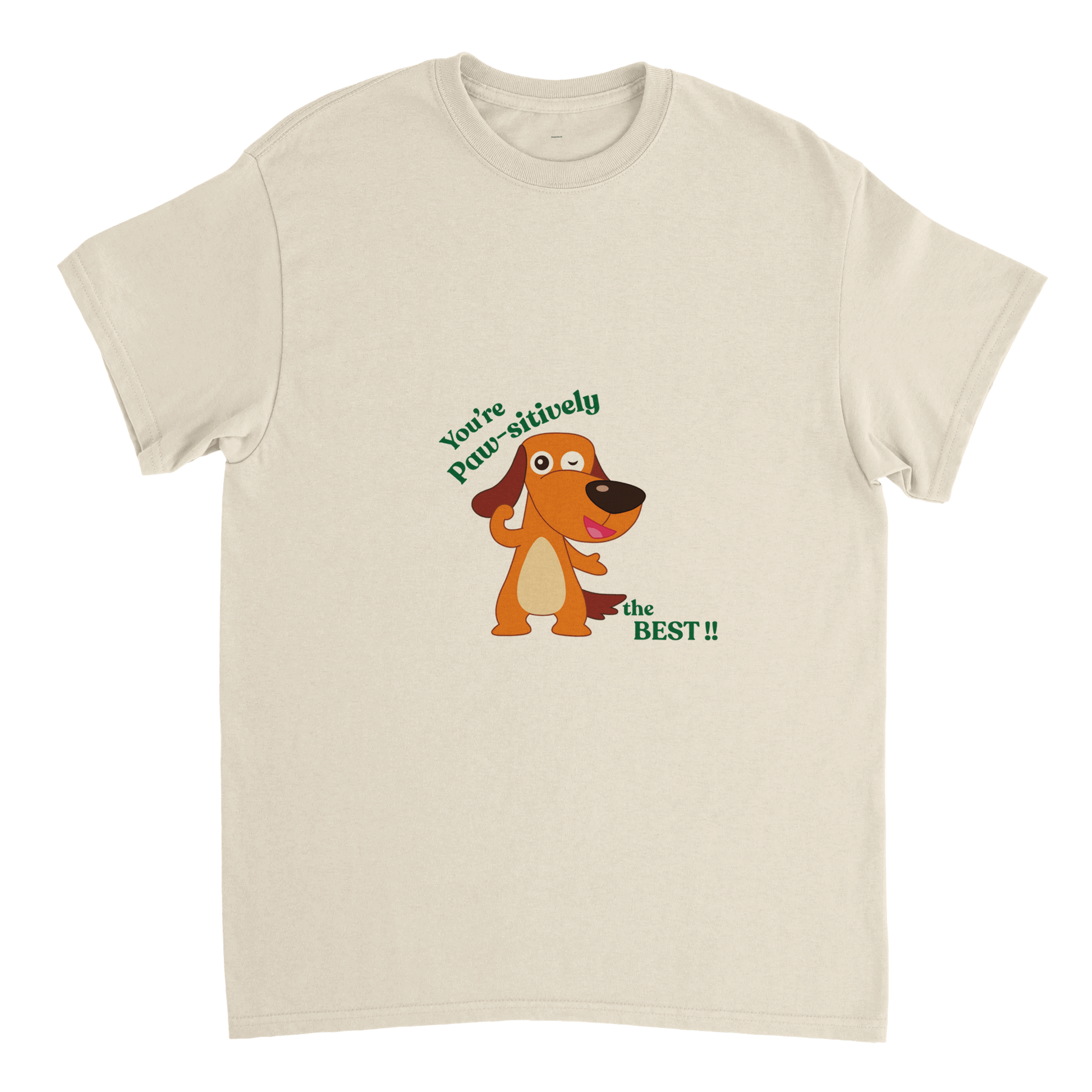 Beige t-shirt with a cartoon dog and text