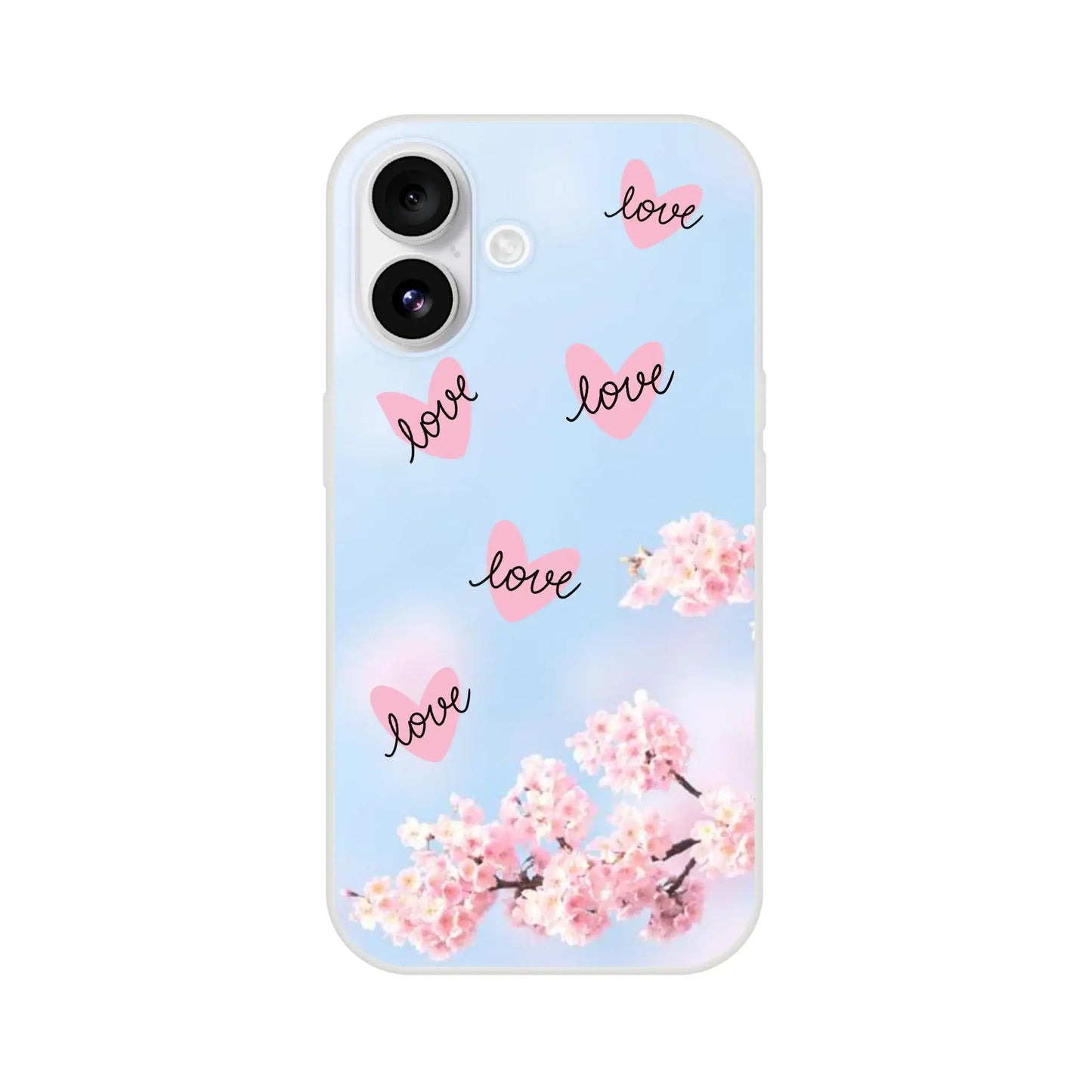 Phone case with cherry blossom design and 'love' text on a light blue background