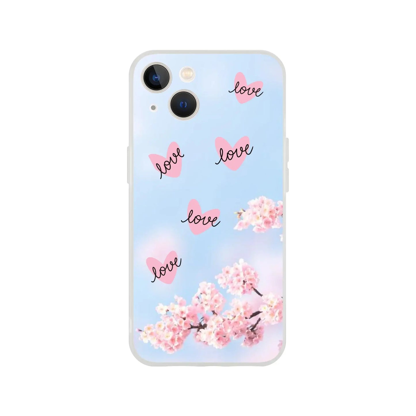 Phone case with cherry blossoms and 'love' text on a light blue background