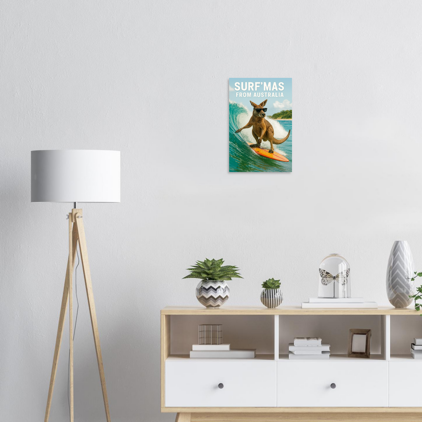 Poster of a kangaroo surfing on a wave