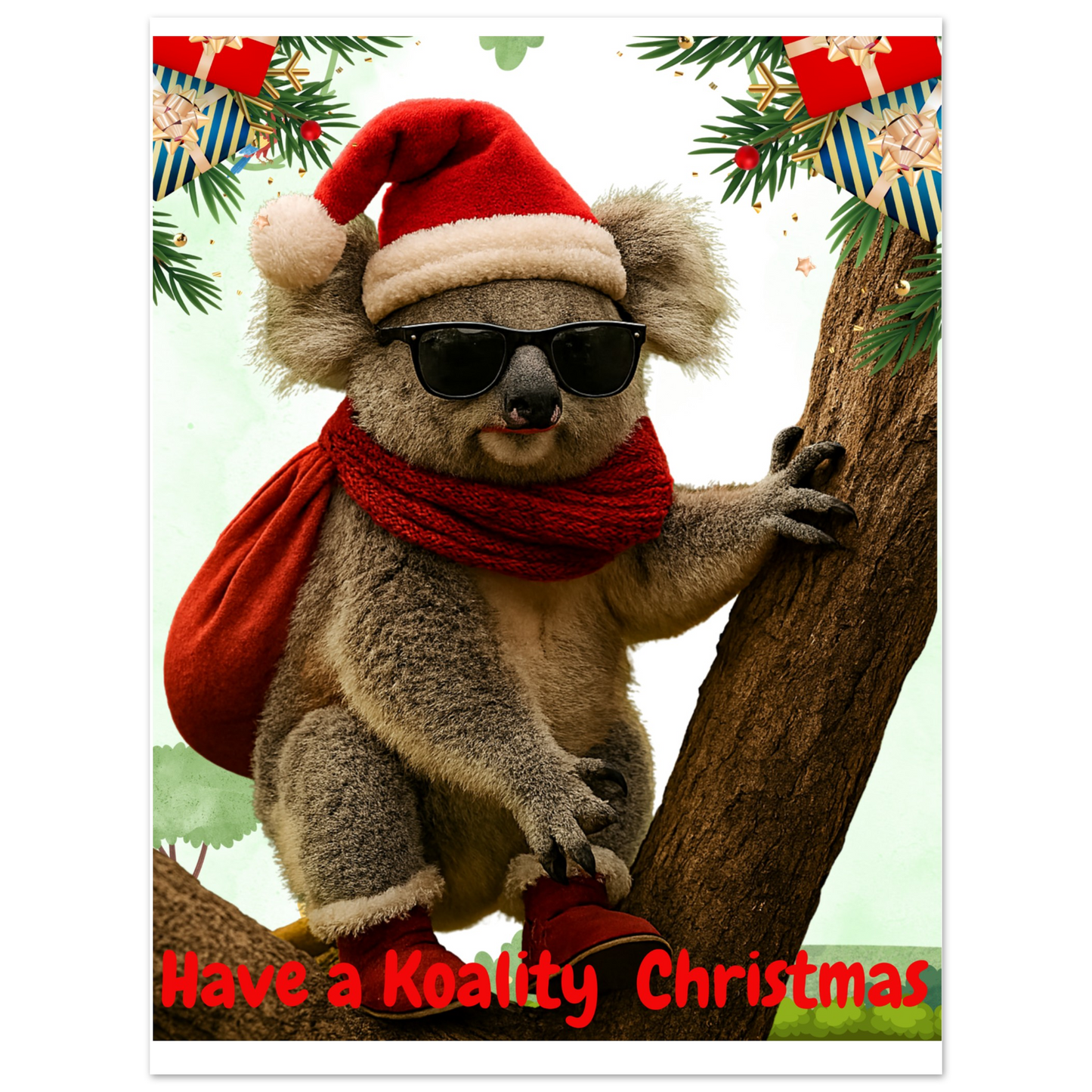 Koala in a Christmas hat, scarf, and sunglasses on a tree branch with 'Have a Koality Christmas' text.