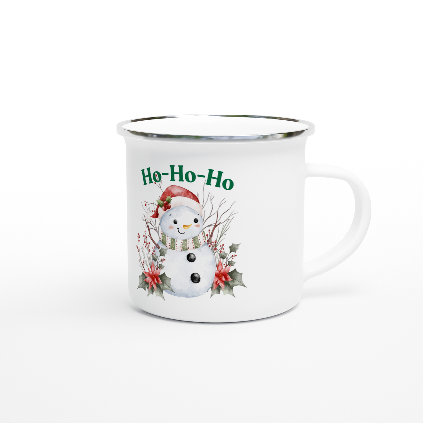 White mug with a snowman design and 'Ho-Ho-Ho' text