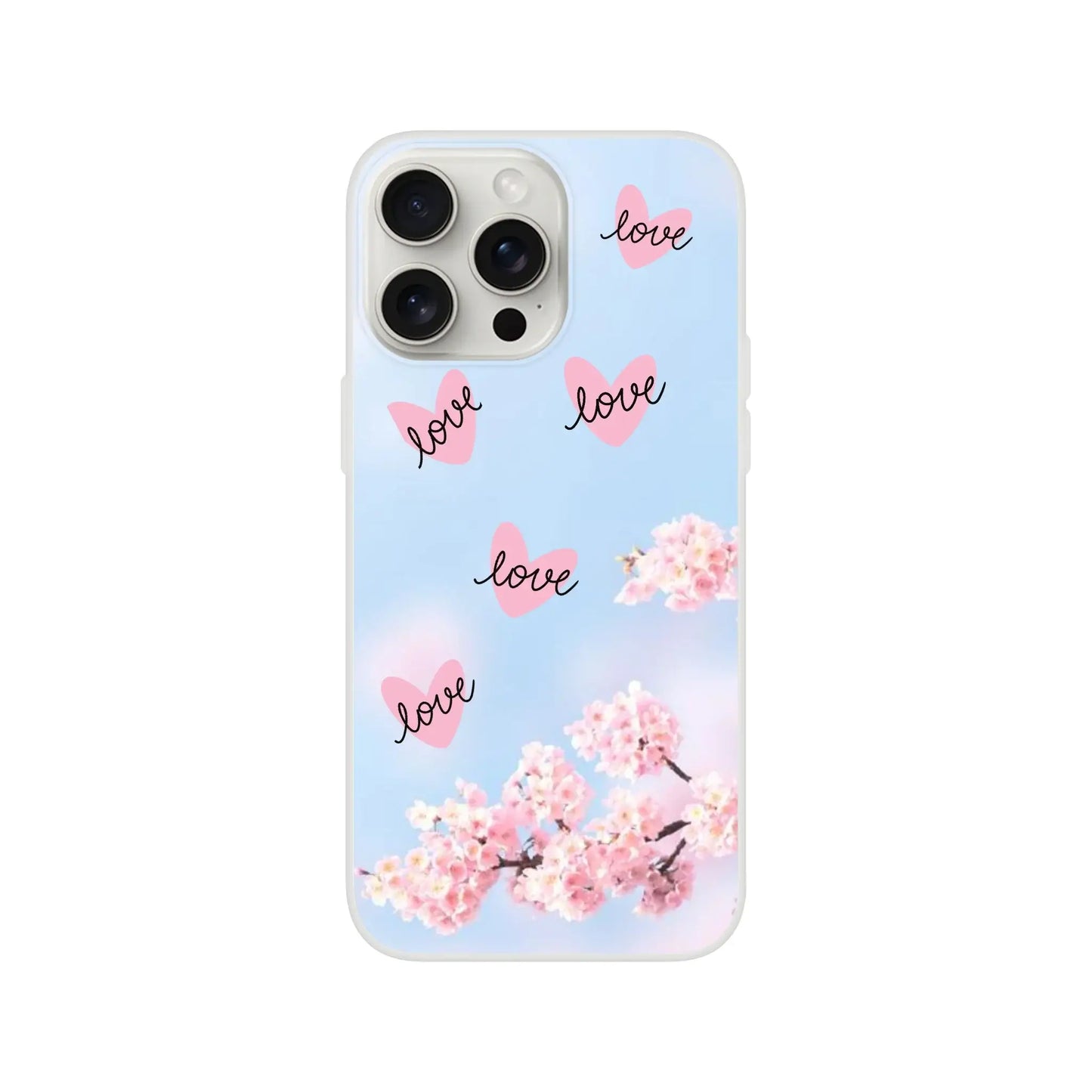 Phone case with cherry blossom design and 'love' text on a light blue background