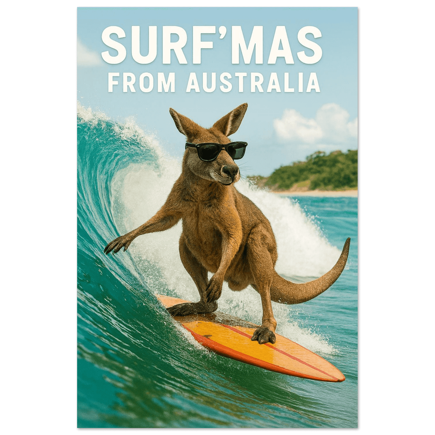 Kangaroo surfing on a wave with sunglasses and 'Surf'mas from Australia' text.