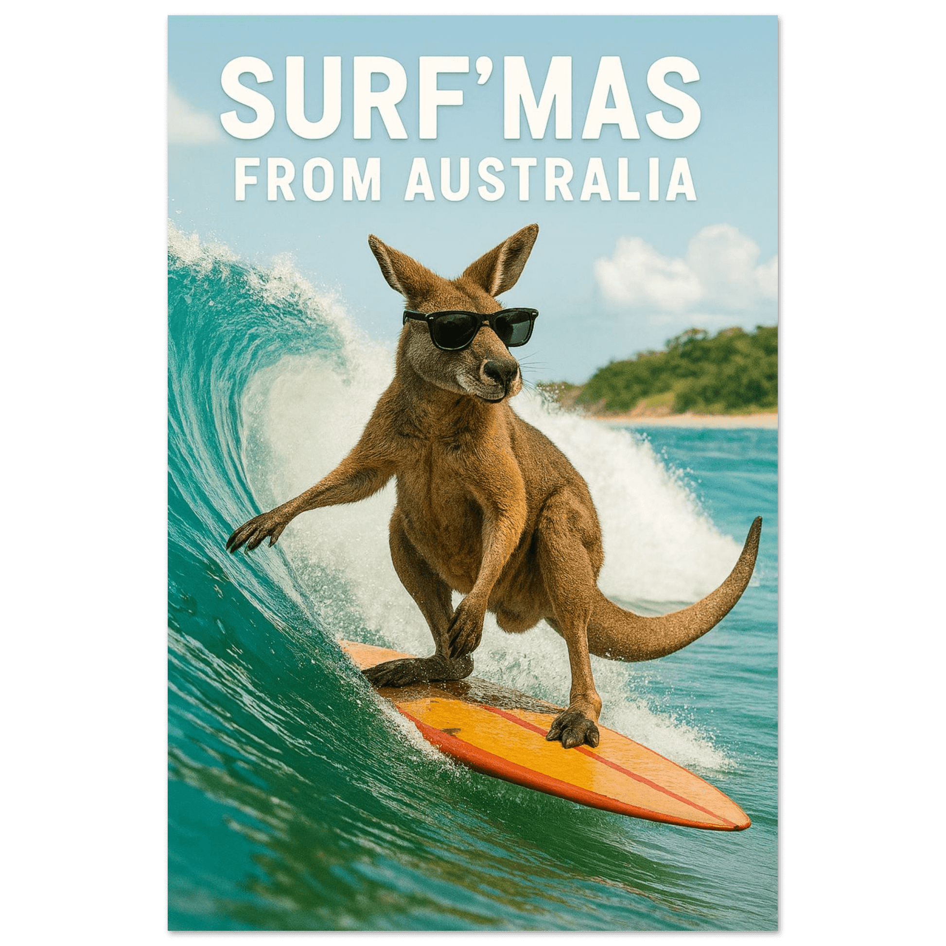 Kangaroo surfing on a wave with sunglasses and 'Surf'mas from Australia' text.