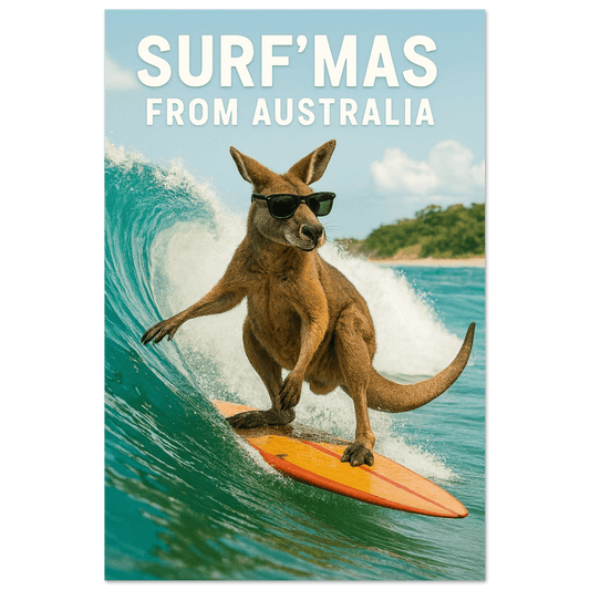 Kangaroo surfing on a wave with sunglasses and 'Surf'mas from Australia' text.