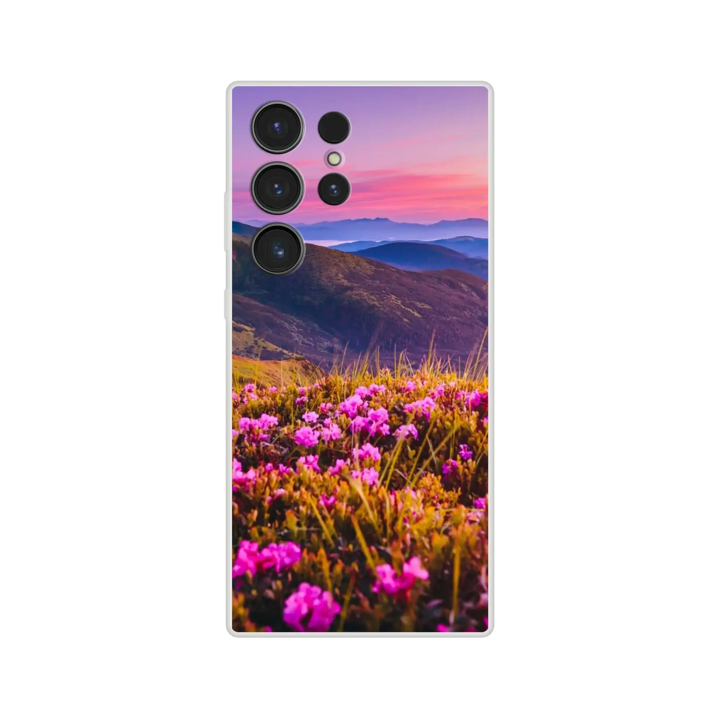 Phone case with a mountain and flower design