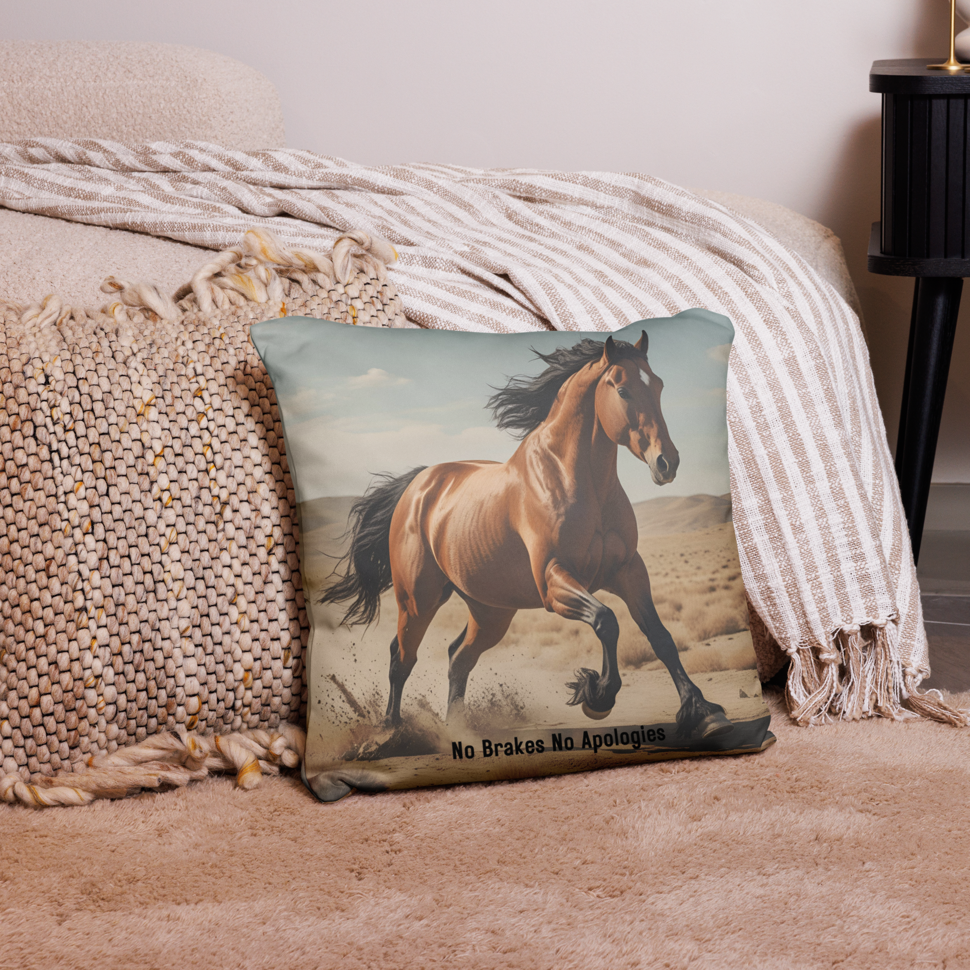 Decorative pillow with a horse design on a couch
