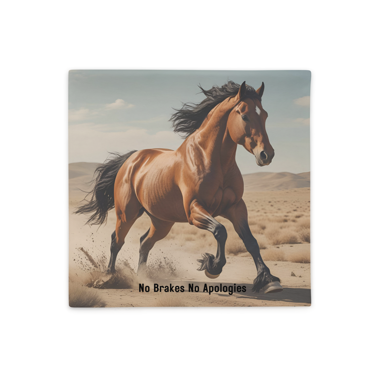 Canvas print of a horse running with 'No Brakes No Apologies' text on a desert landscape.