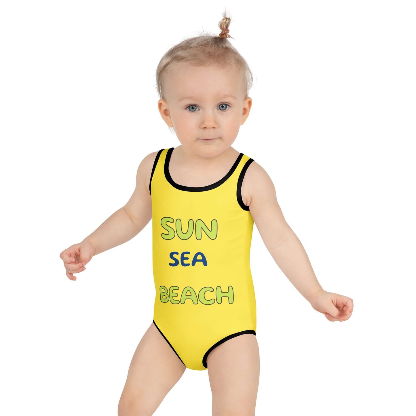  yellow swimsuit with 'Sun Sea Beach' text 