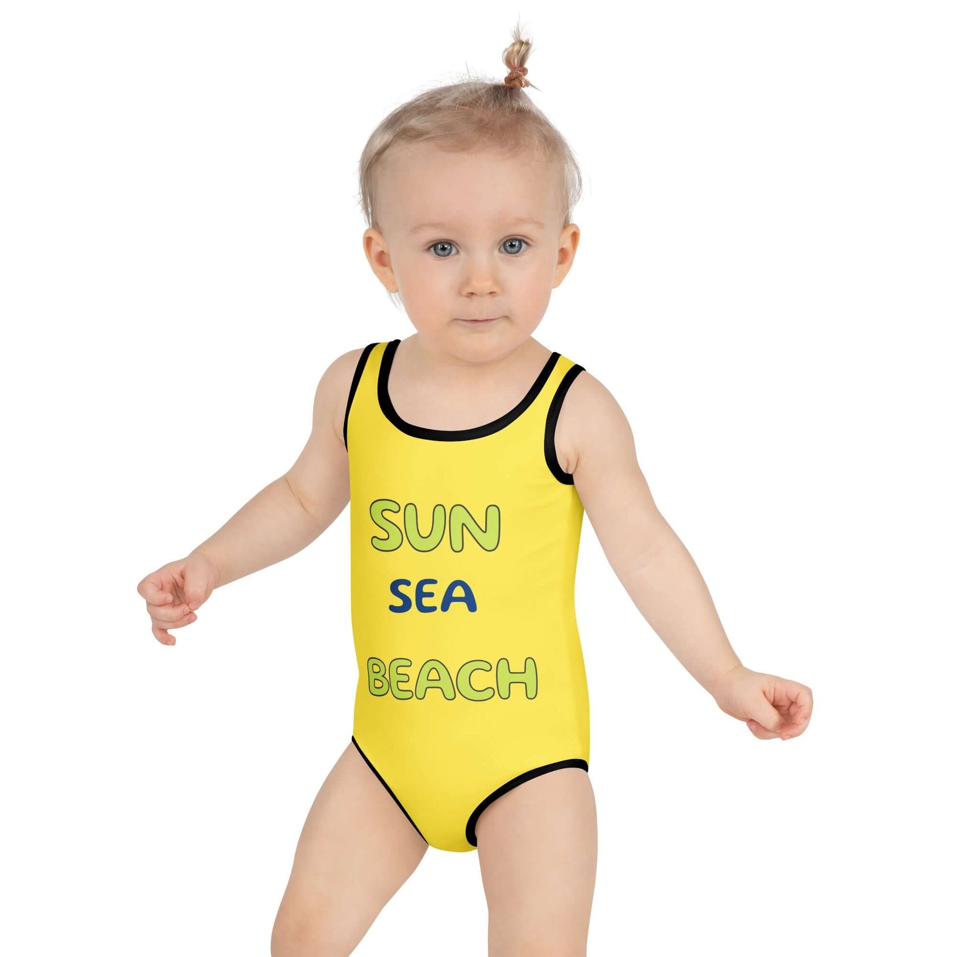  yellow swimsuit with 'Sun Sea Beach' text 