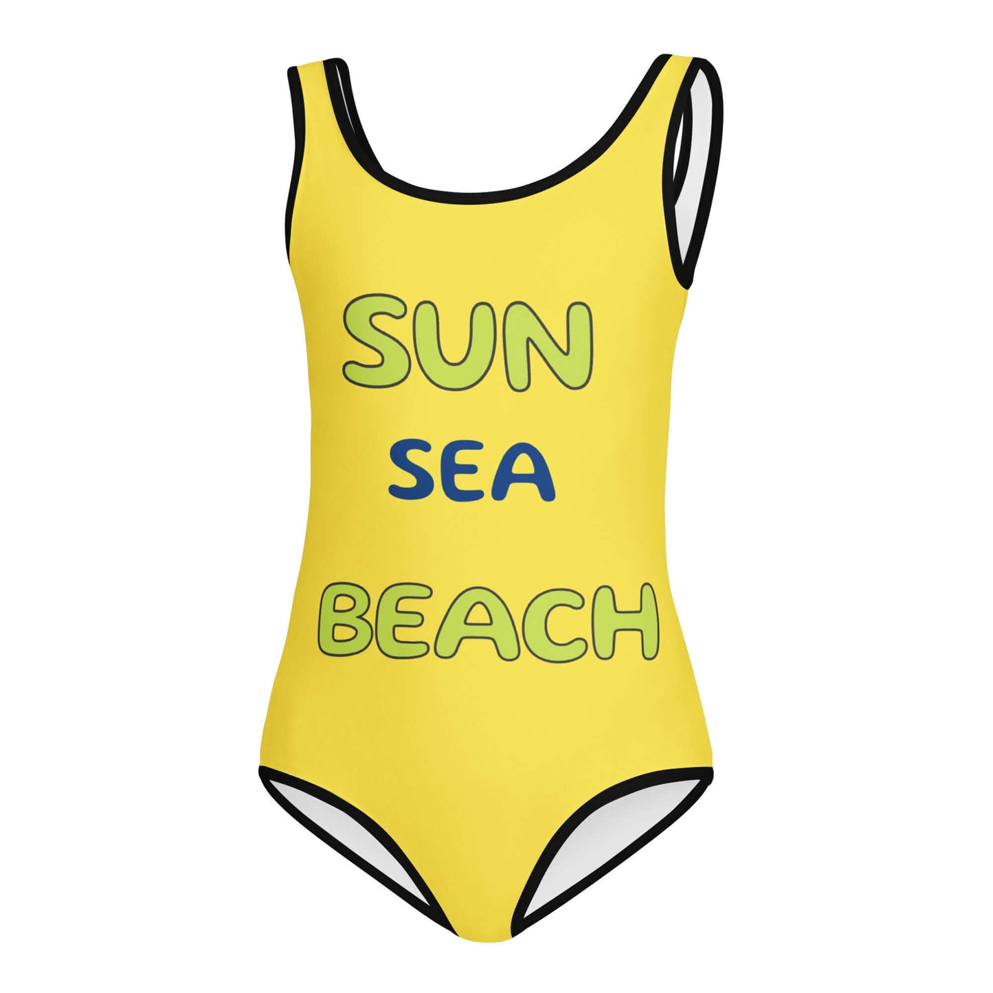 Yellow swimsuit with 'SUN SEA BEACH' text 