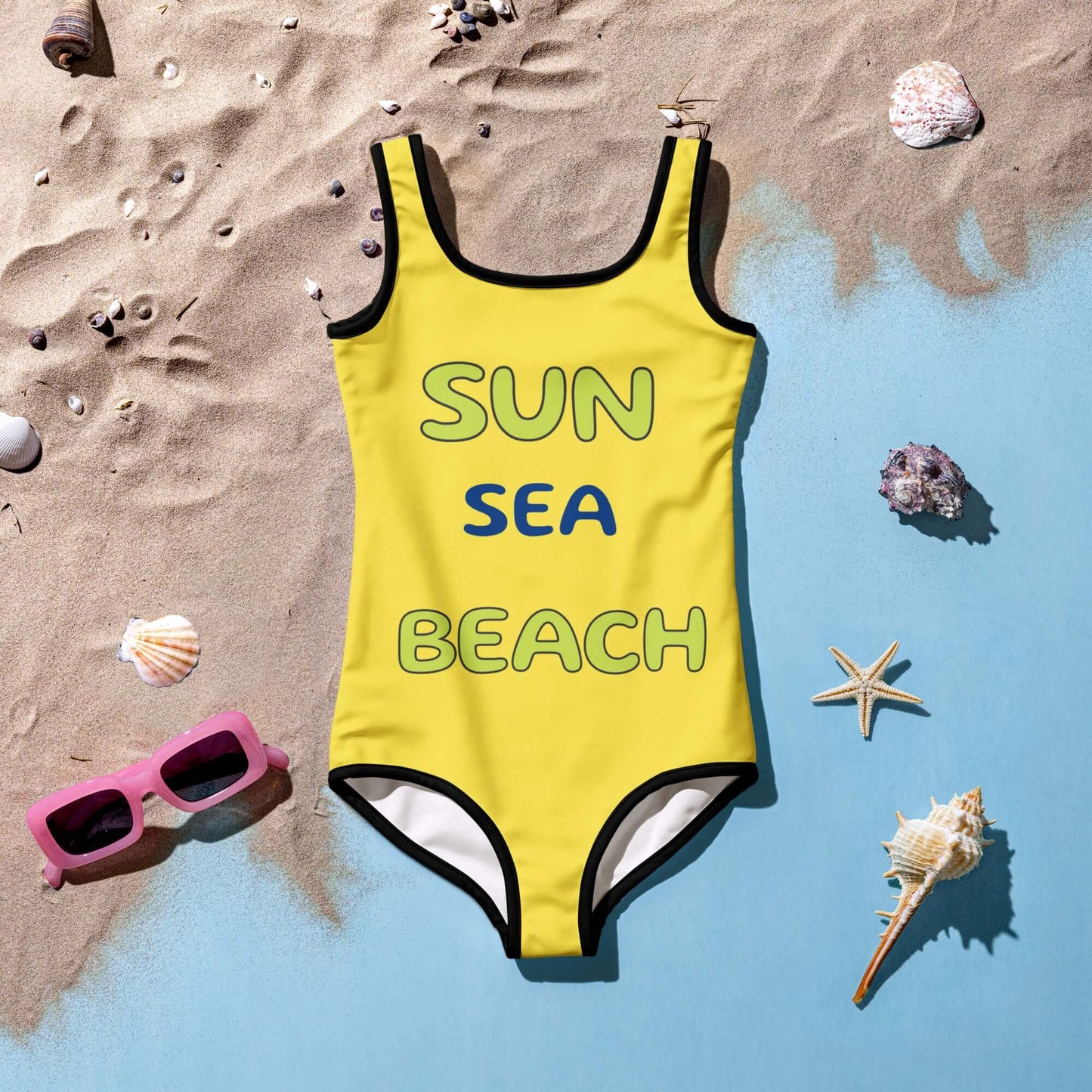 Yellow swimsuit with 'SUN SEA BEACH' text 