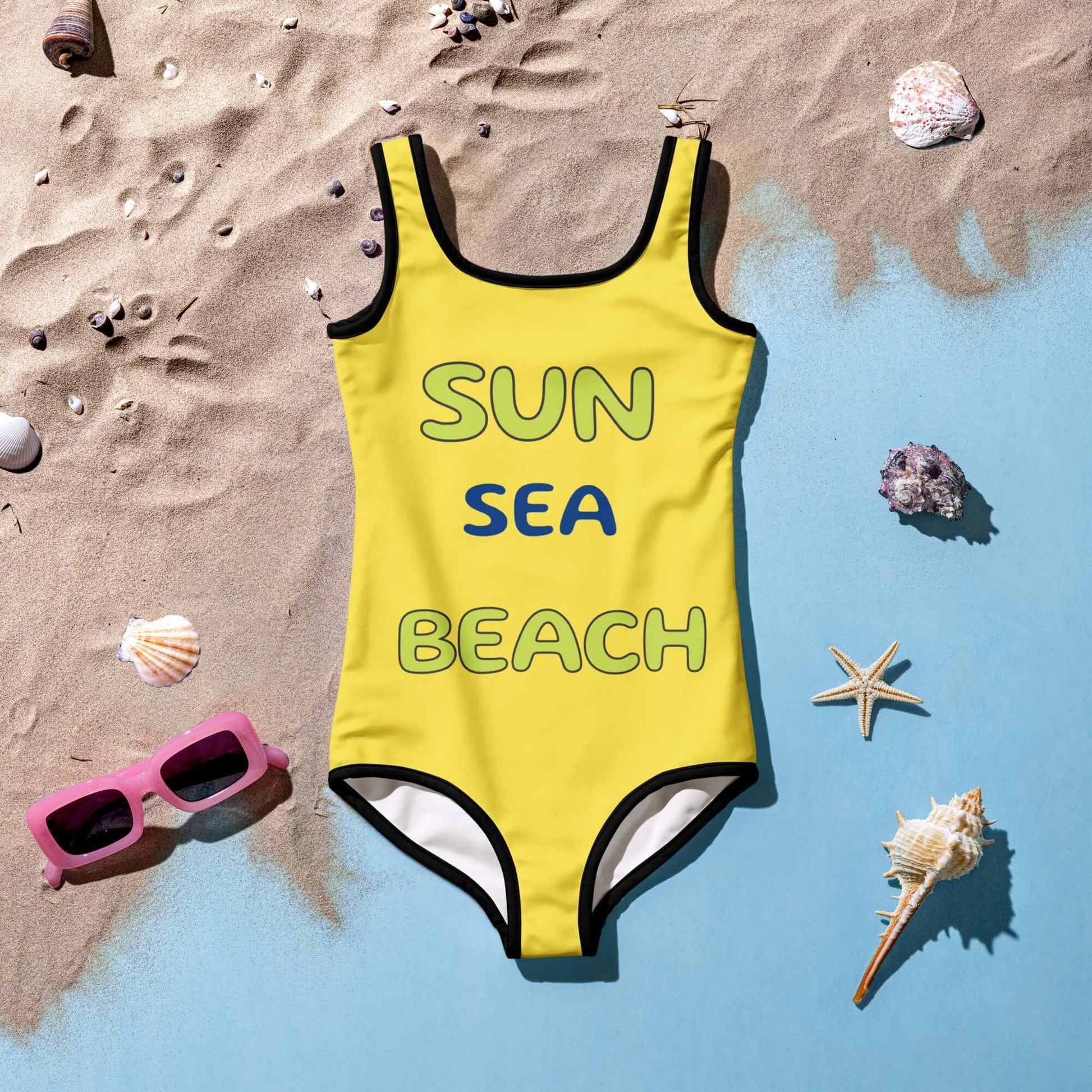 Yellow swimsuit with 'SUN SEA BEACH' text 