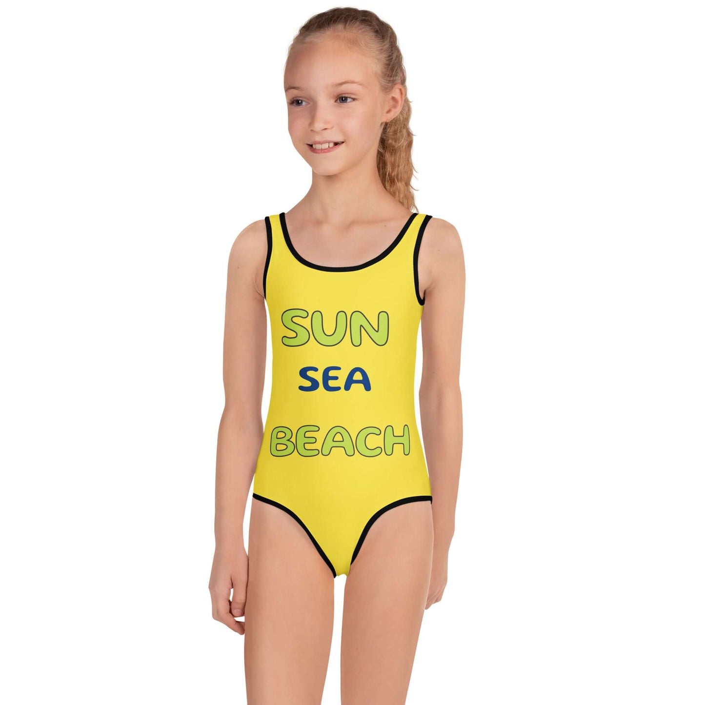  a yellow swimsuit with 'SUN SEA BEACH' text 