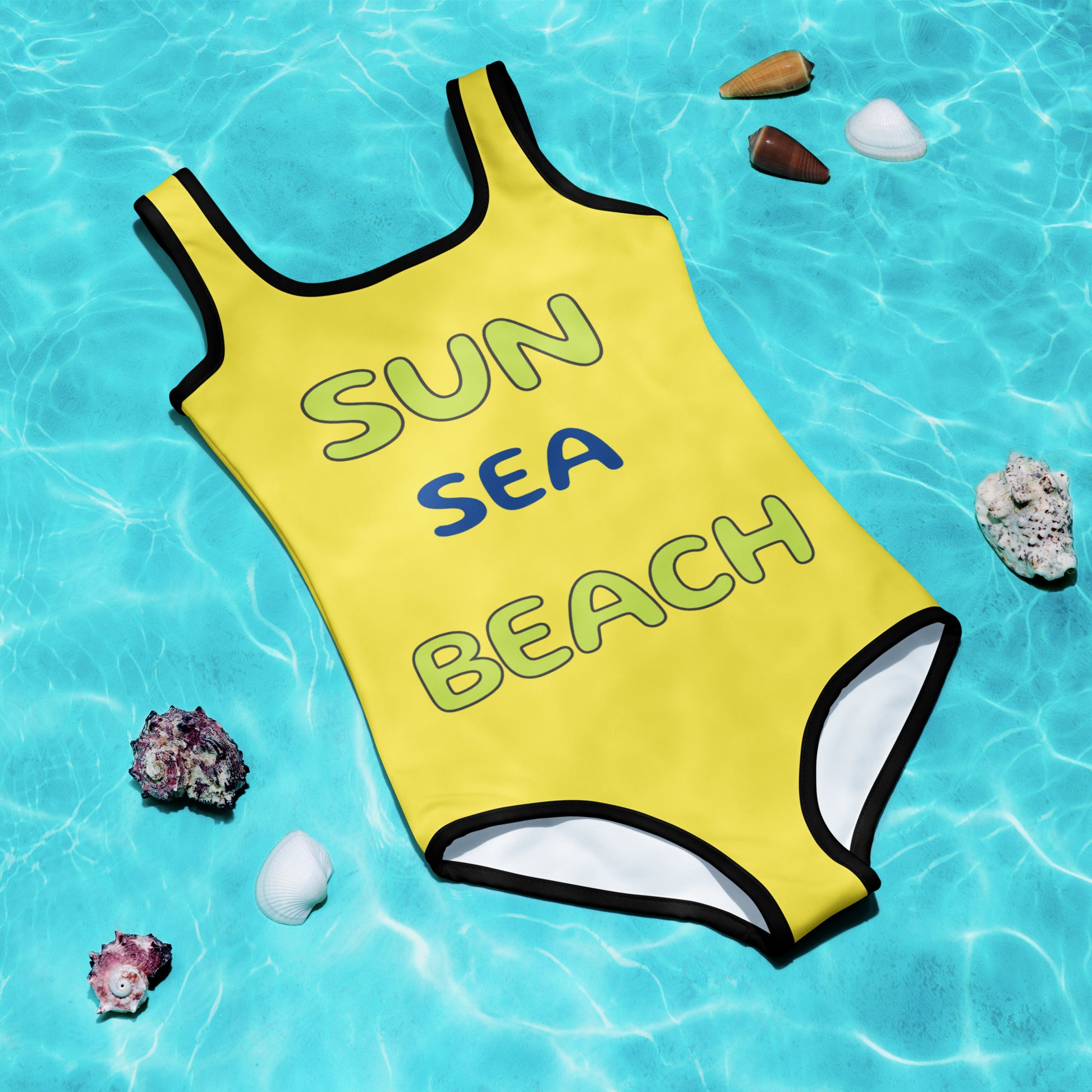 Yellow swimsuit with 'SUN SEA BEACH' 