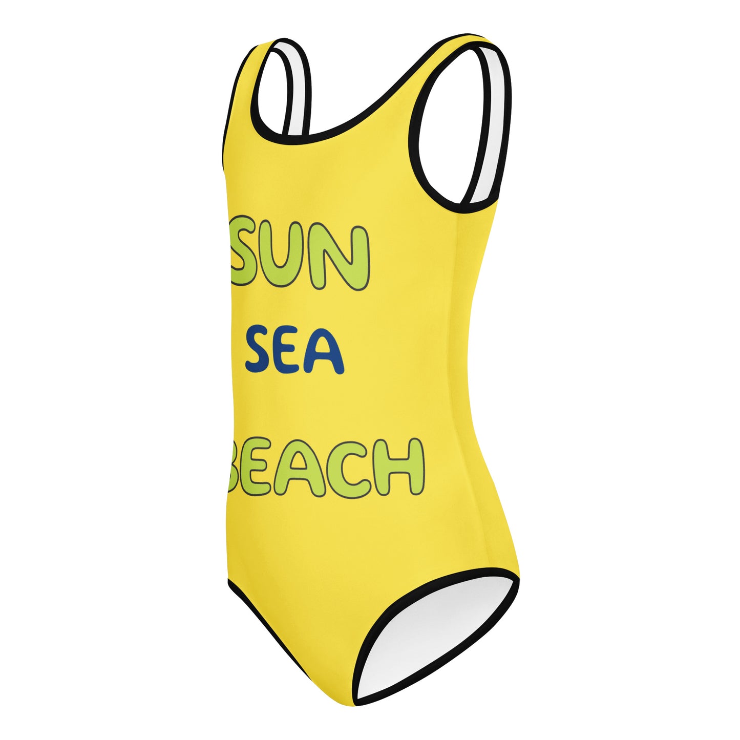 Yellow swimsuit with 'SUN SEA BEACH' 