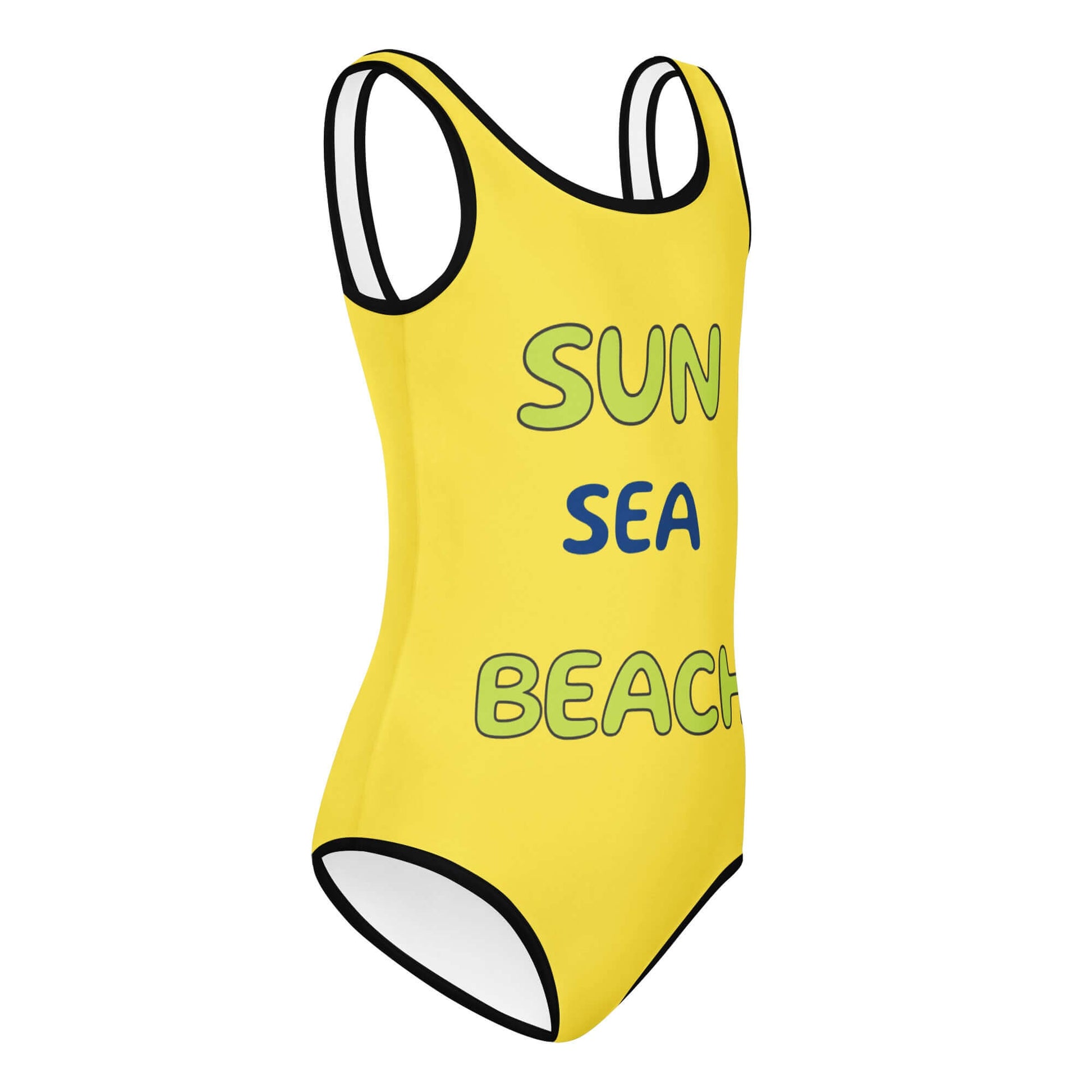 Yellow swimsuit with 'SUN SEA BEACH' text 