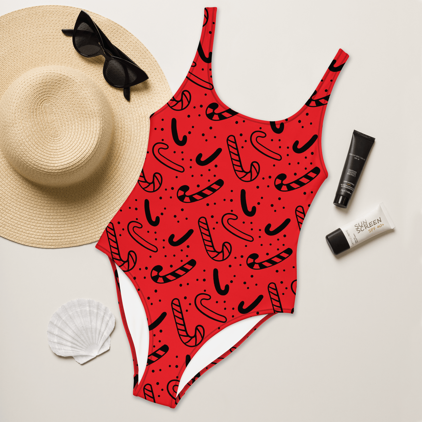 Red swimsuit with black candy cane pattern