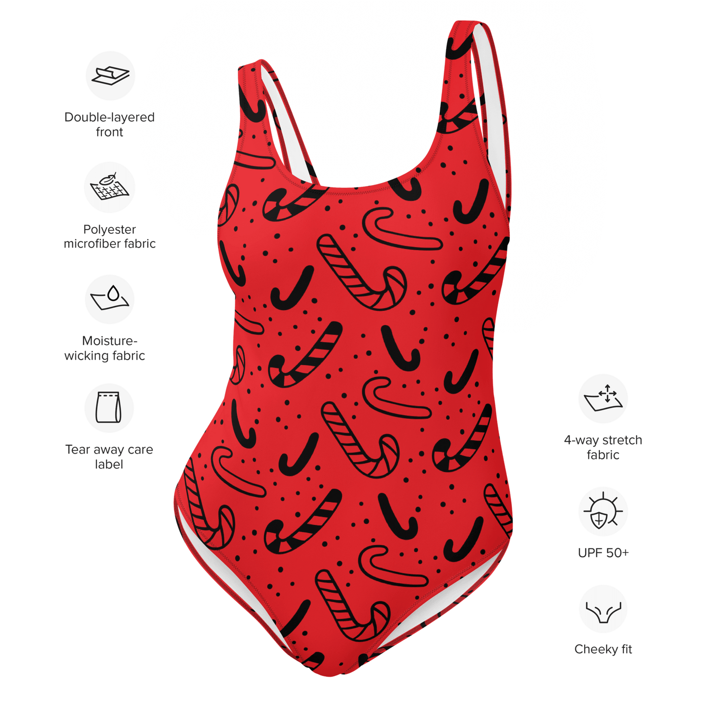 Red swimsuit with black candy cane pattern