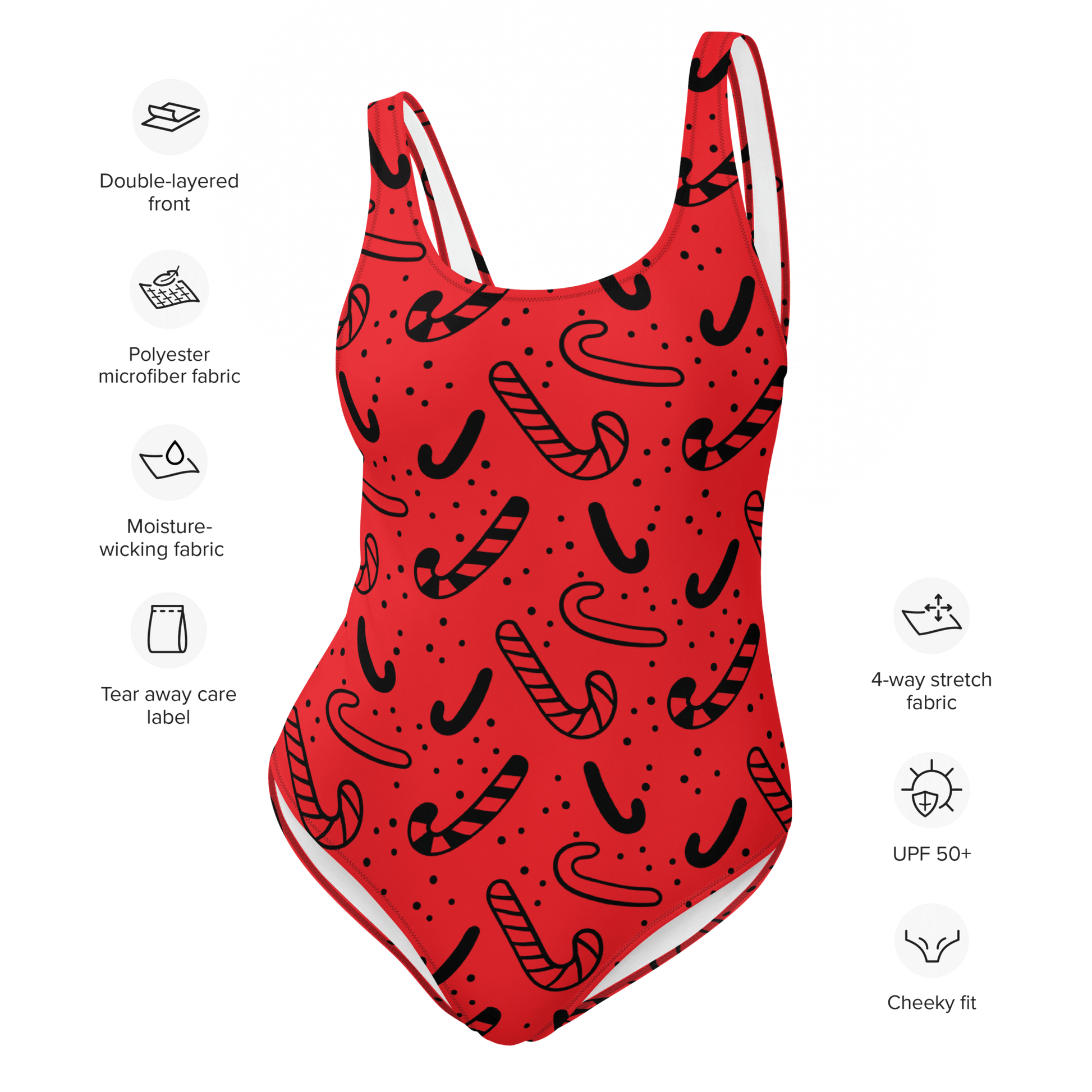 Red swimsuit with black candy cane pattern