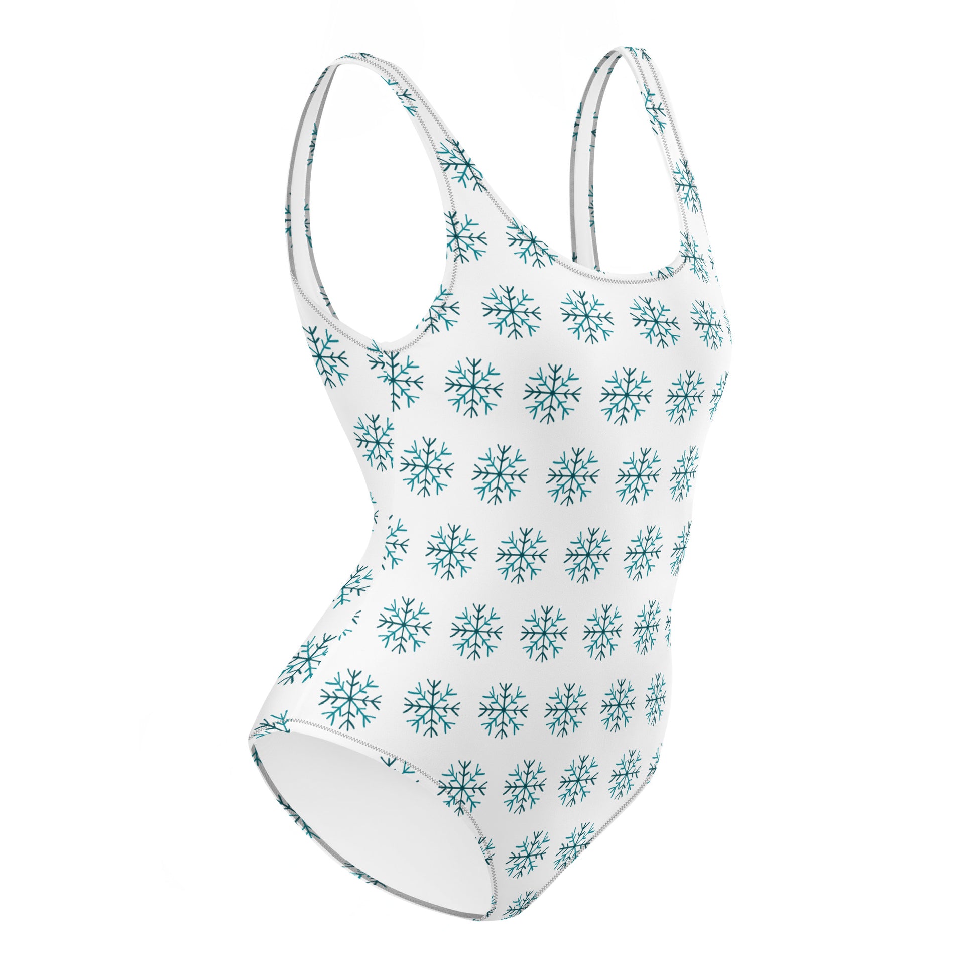One-piece swimsuit with blue snowflake pattern
