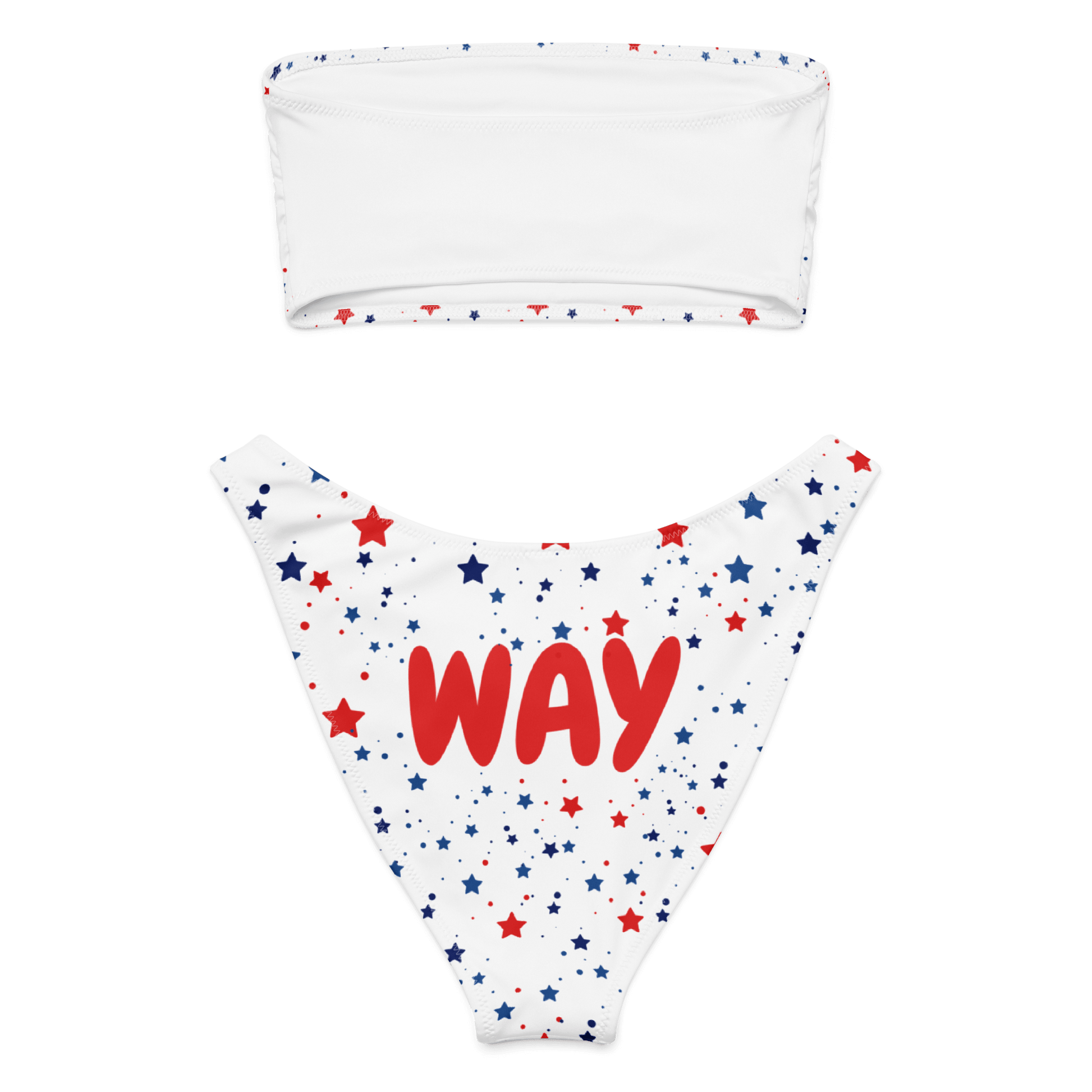 White bandeau bikini top and star-patterned pants with 'WAY' text