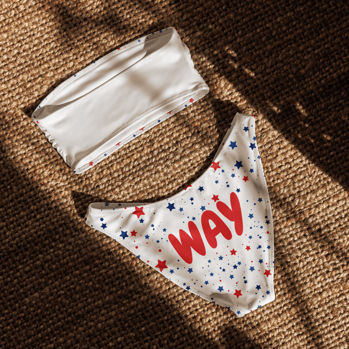 2 piece bandeau bikini with 'WAY' text and star pattern on the back