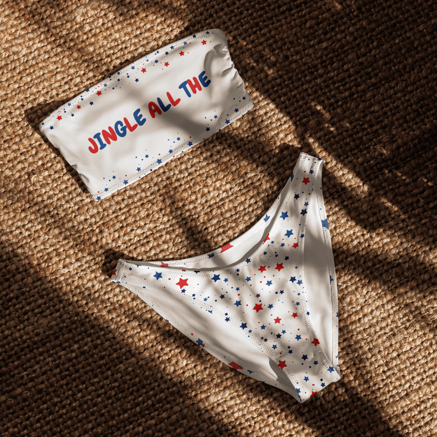 White bandeau bikini with red and blue star pattern
