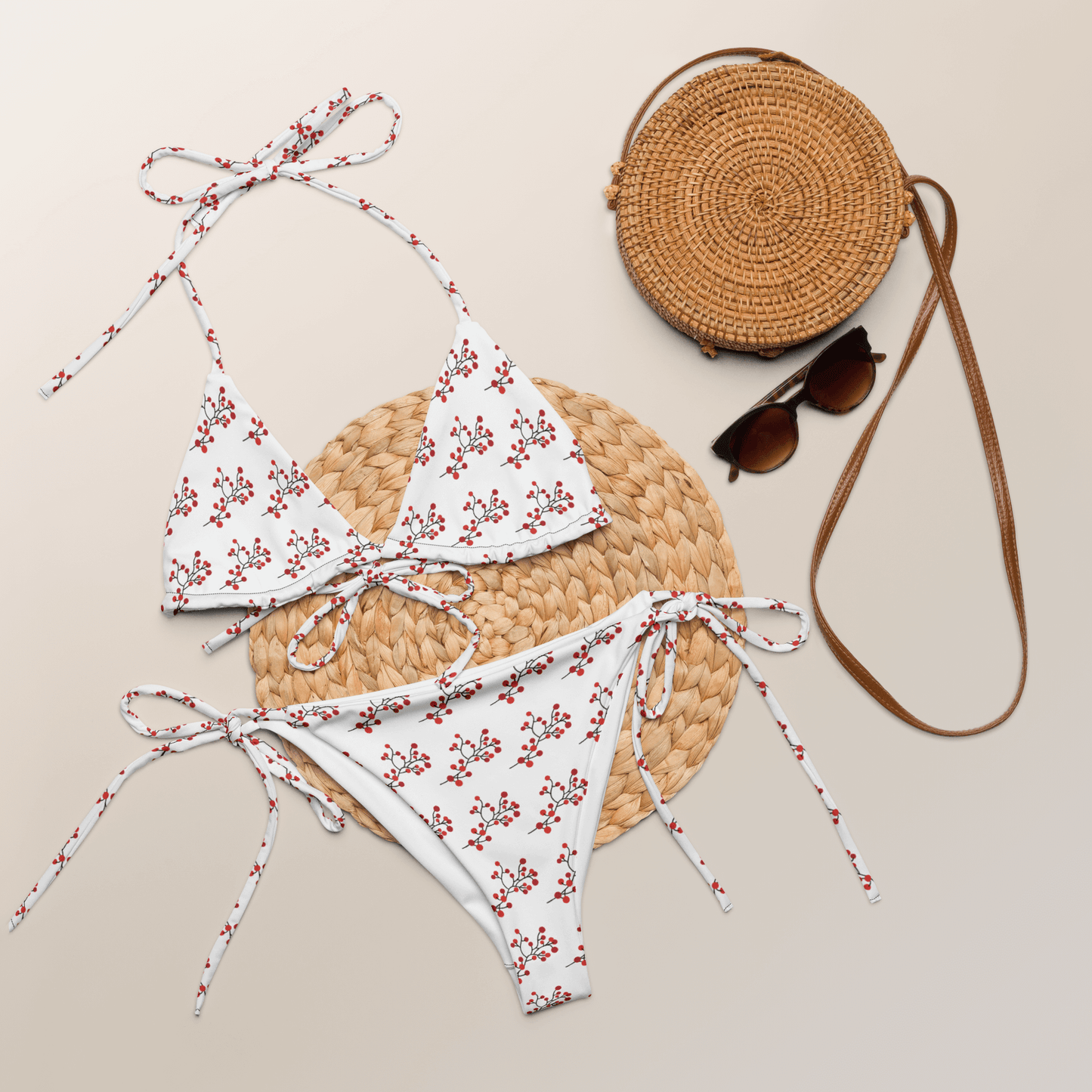 White bikini with red floral pattern