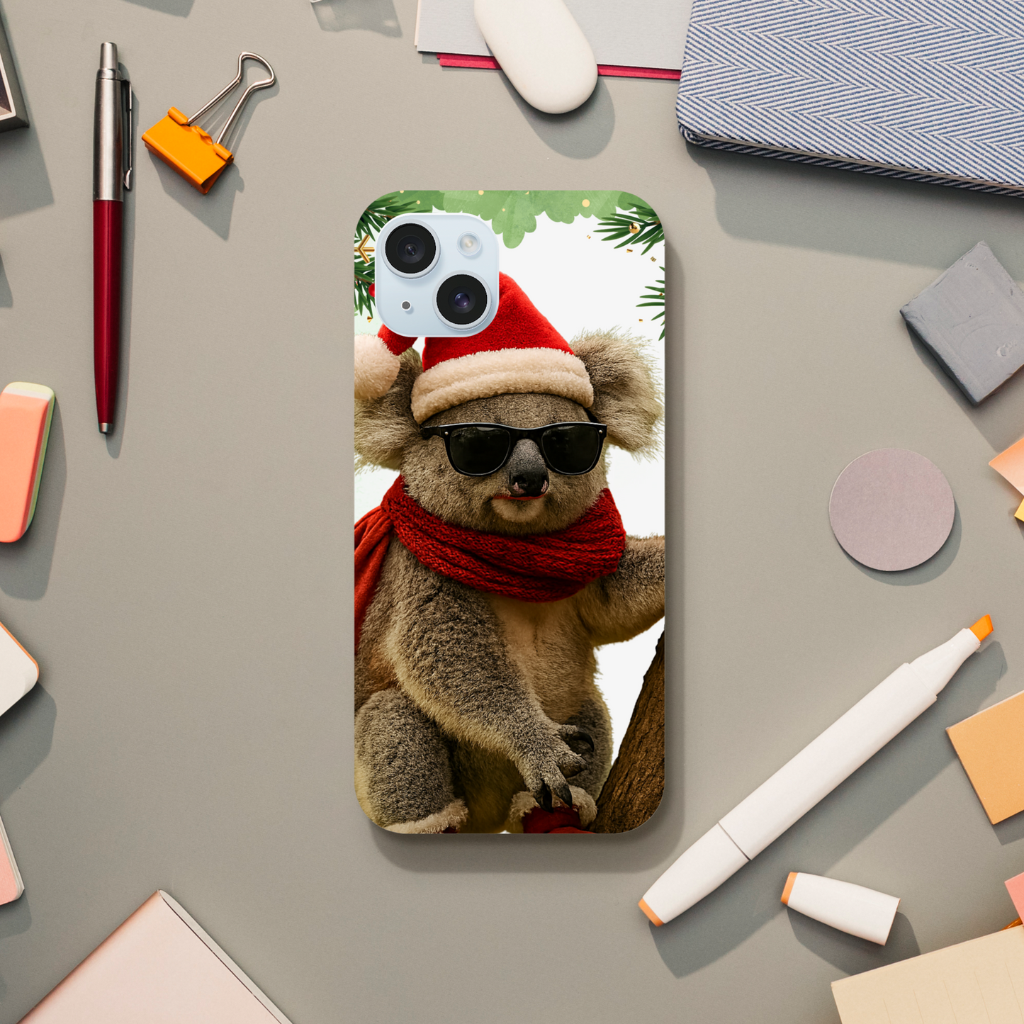 Phone case with a koala wearing sunglasses and a Santa hat