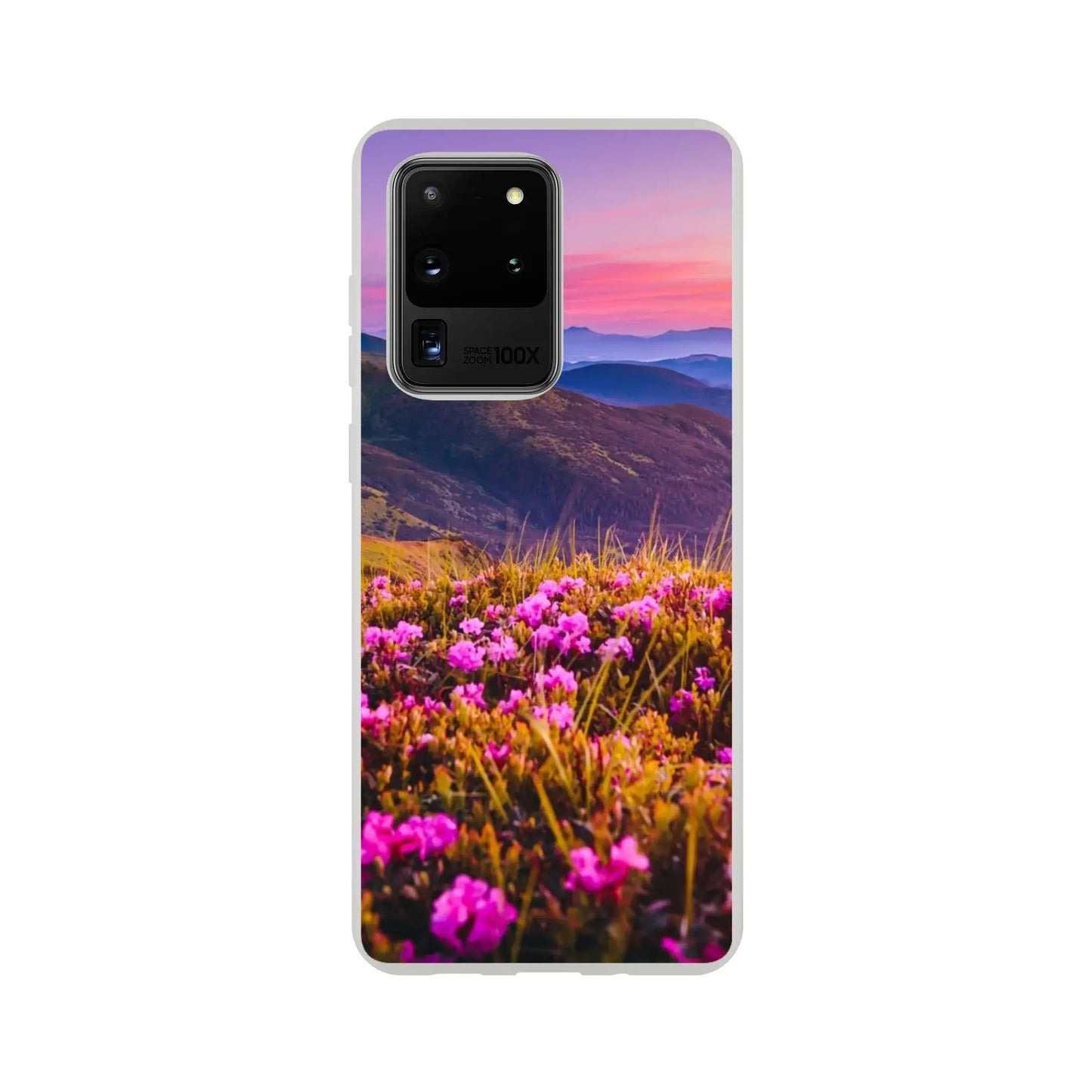 Phone case with a mountain and flower design 