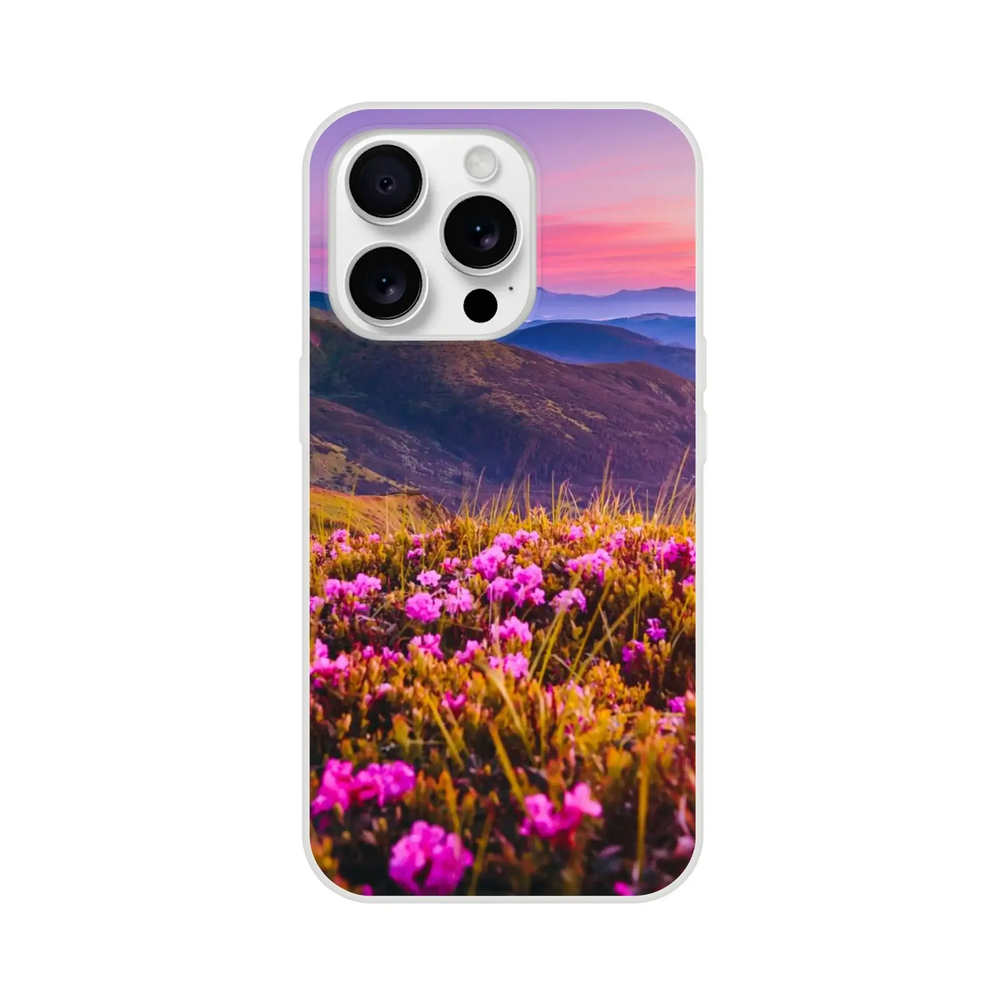 Phone case with a mountain and flower landscape design 
