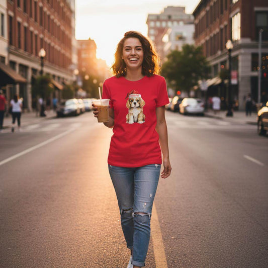red t-shirt with a dog graphic