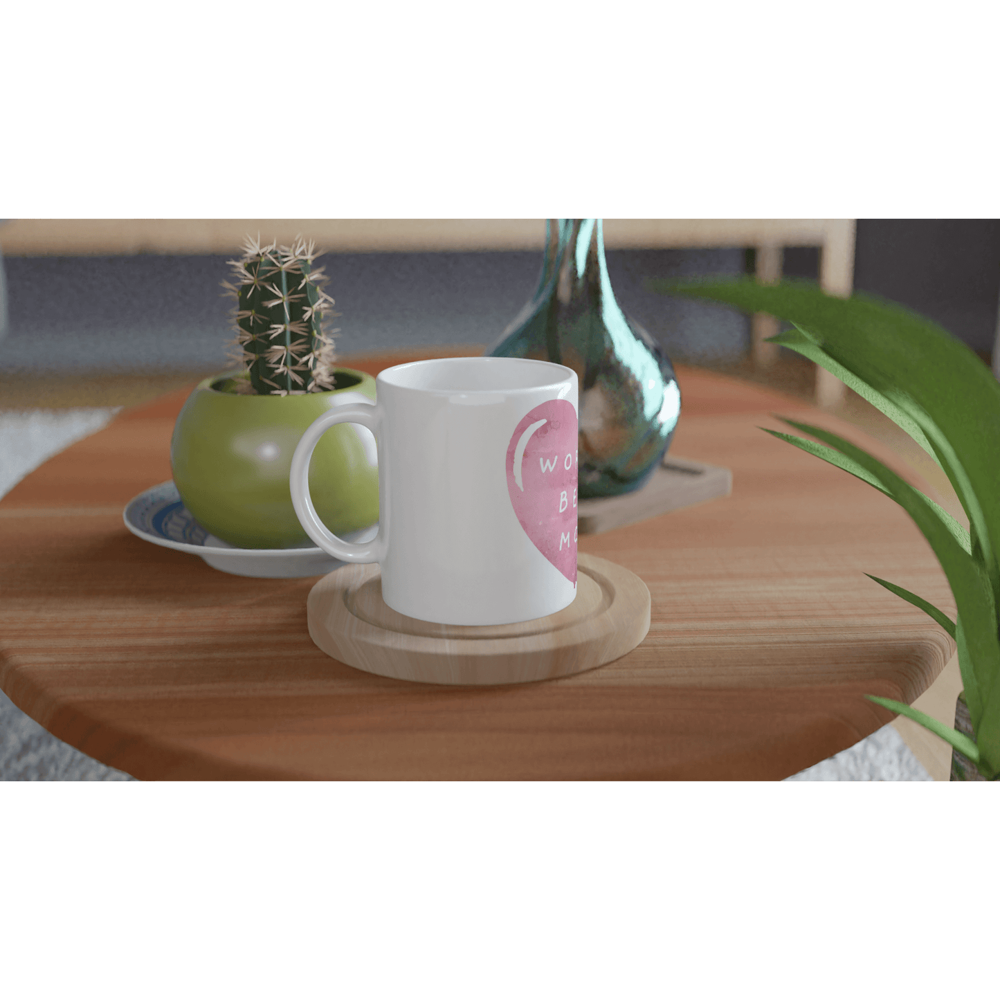 White mug with pink heart design