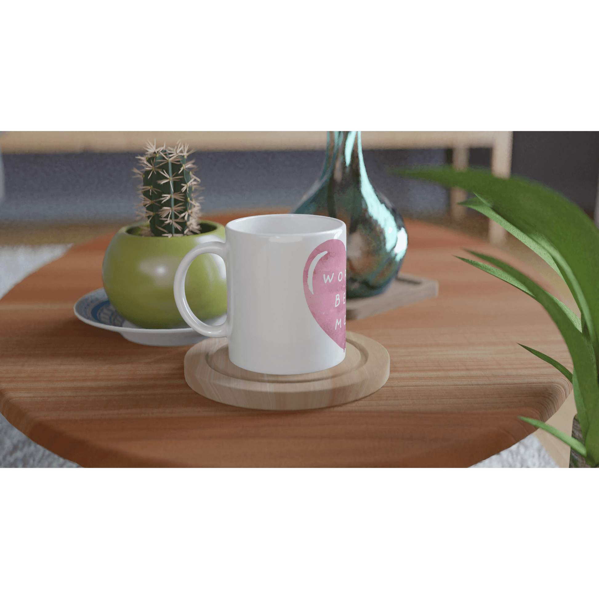 White mug with pink heart design