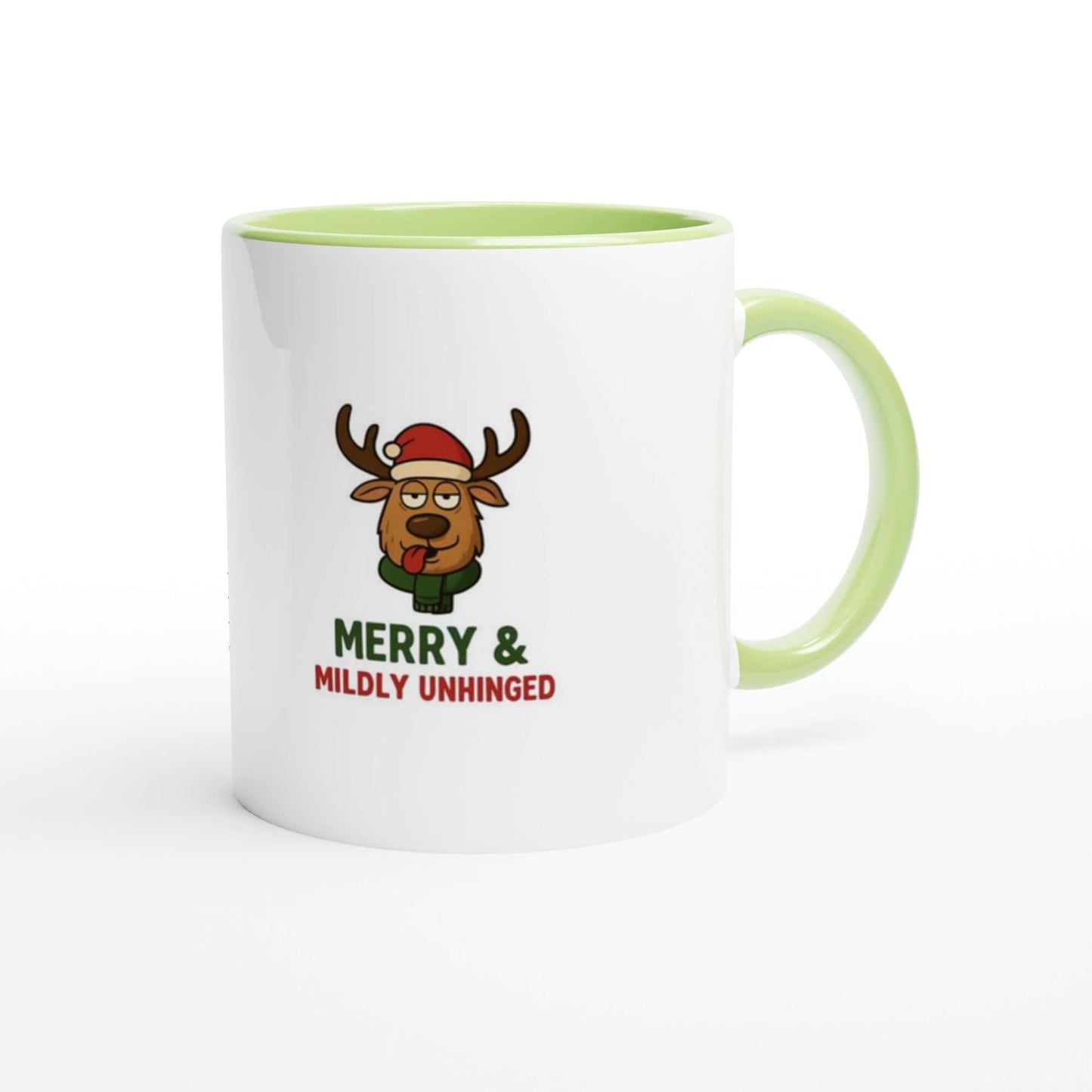Mug with a reindeer design and text 'Merry & Mildly Unhinged'