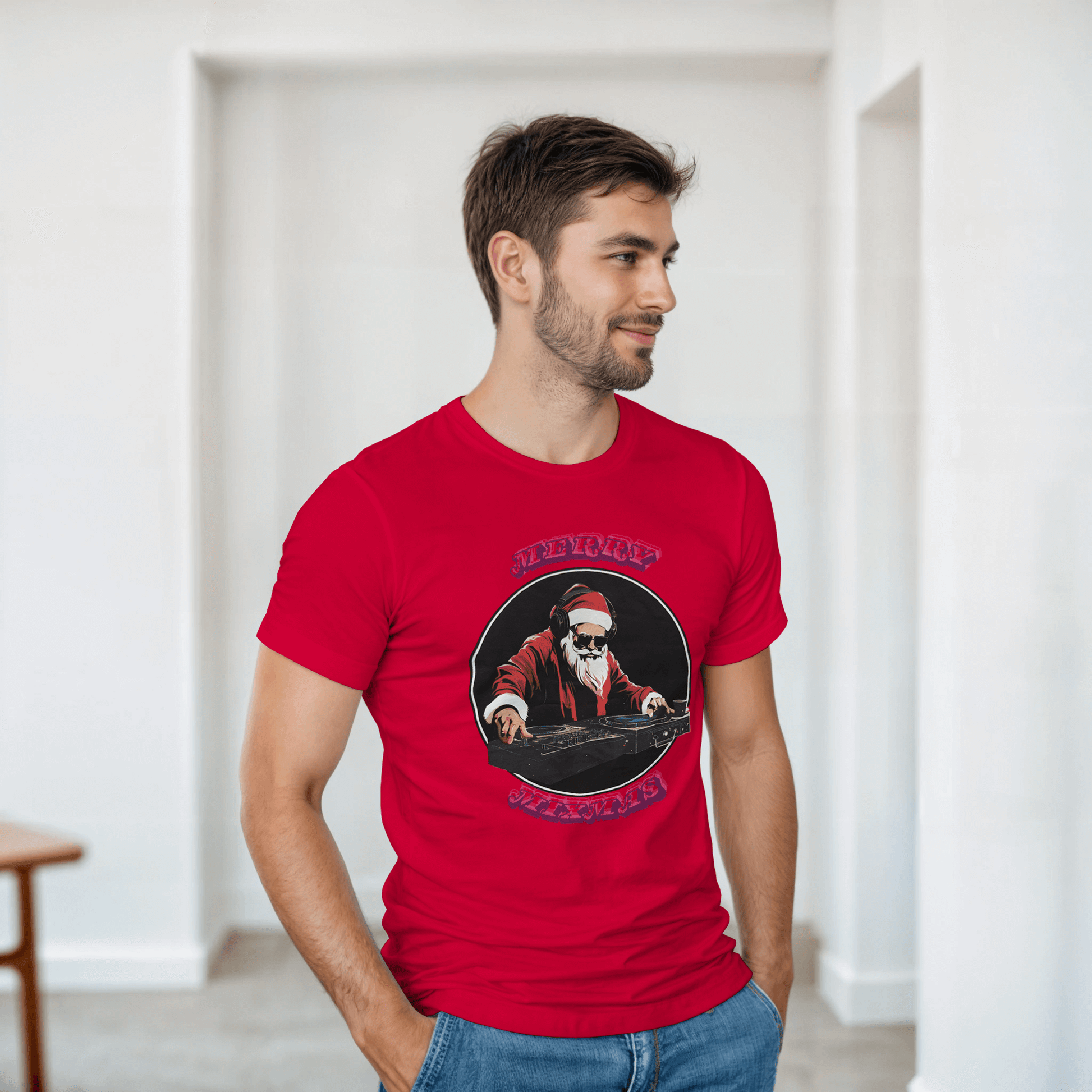 T-shirt featuring DJ Santa design, perfect for celebrating the holidays in style and comfort.