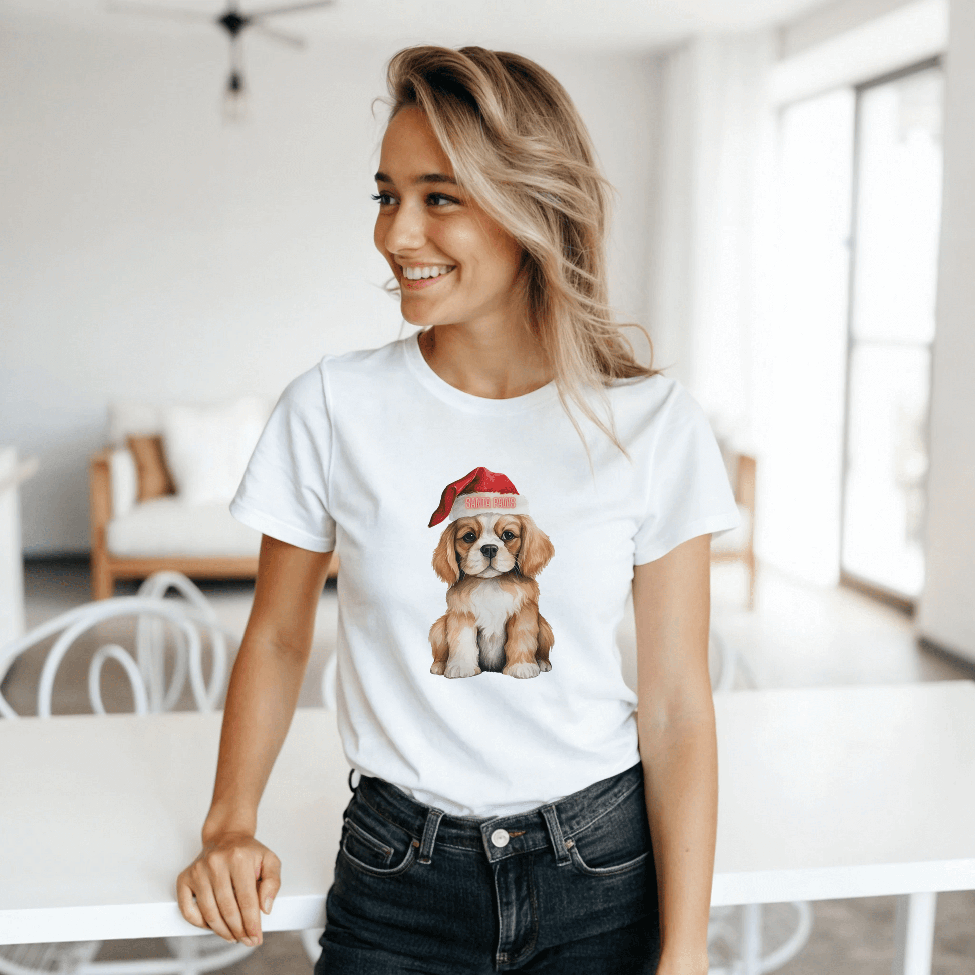 white t-shirt with a dog graphic