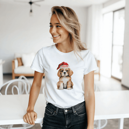 white t-shirt with a dog graphic
