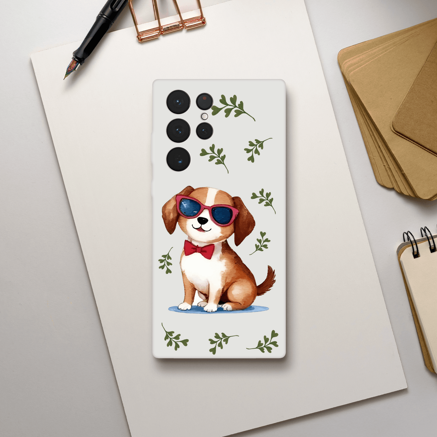 Phone case with a dog design wearing sunglasses