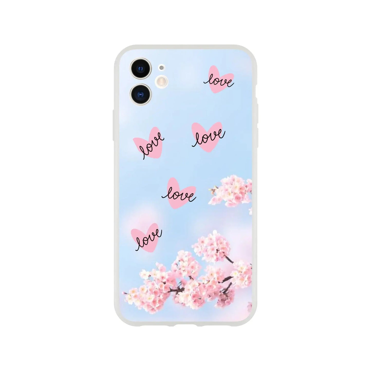 Phone case with cherry blossoms and 'love' text on a light blue background