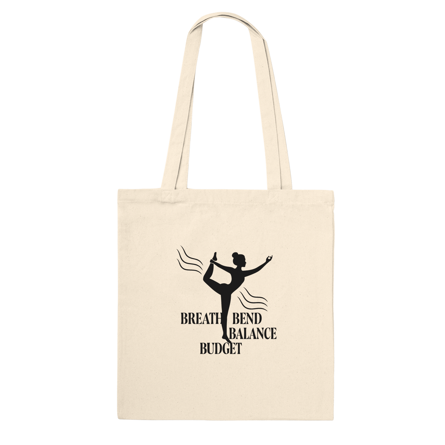 Beige tote bag with a black silhouette of a dancer and text.