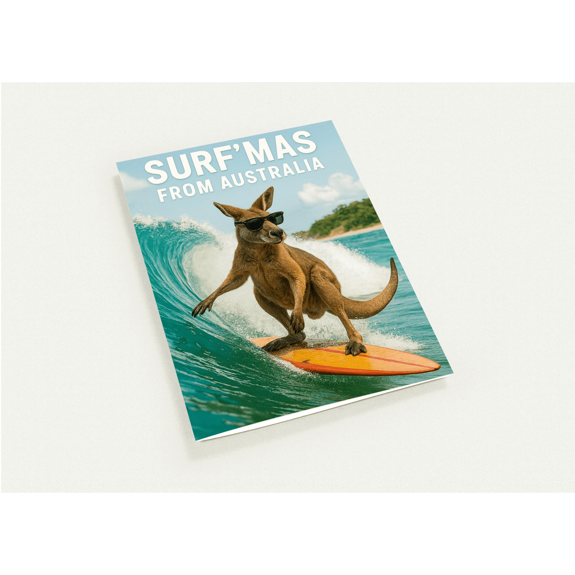 Card with a kangaroo surfing on a wave, text 'Surf'mas from Australia' 