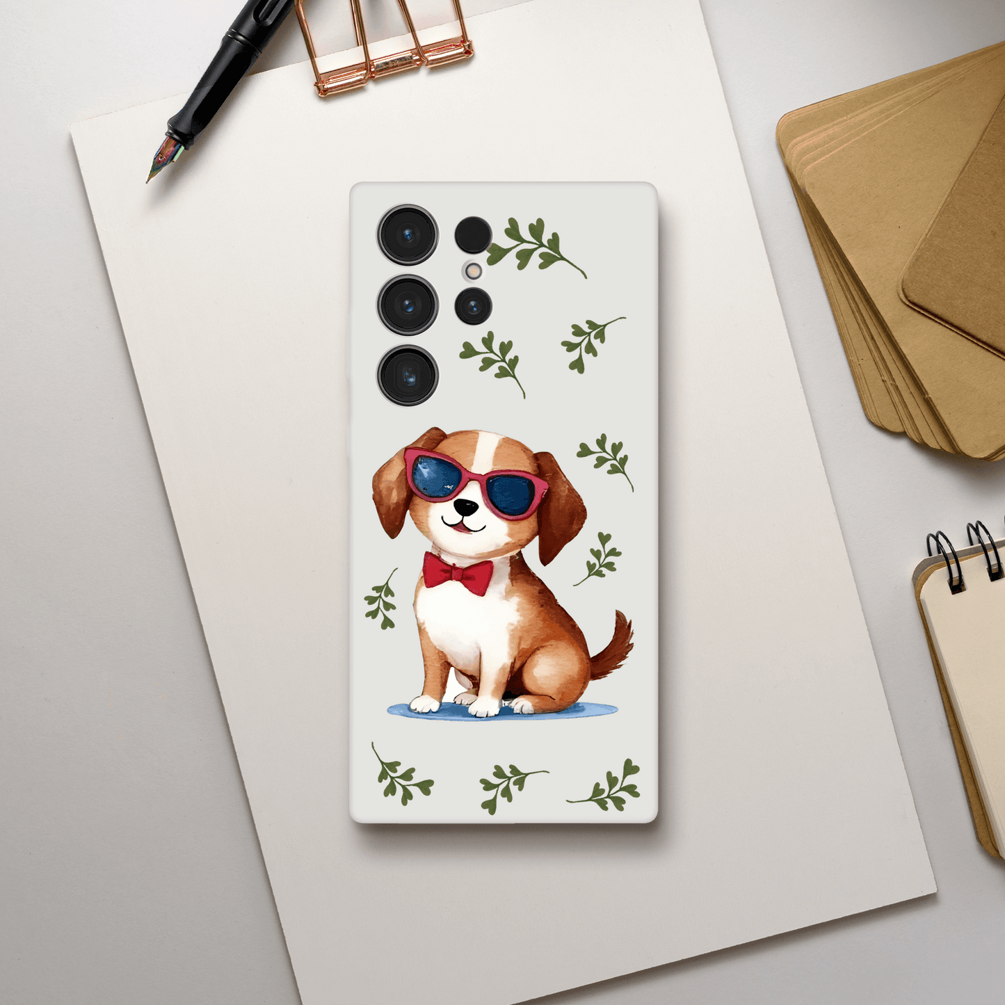 Phone case with a dog design wearing sunglasses 