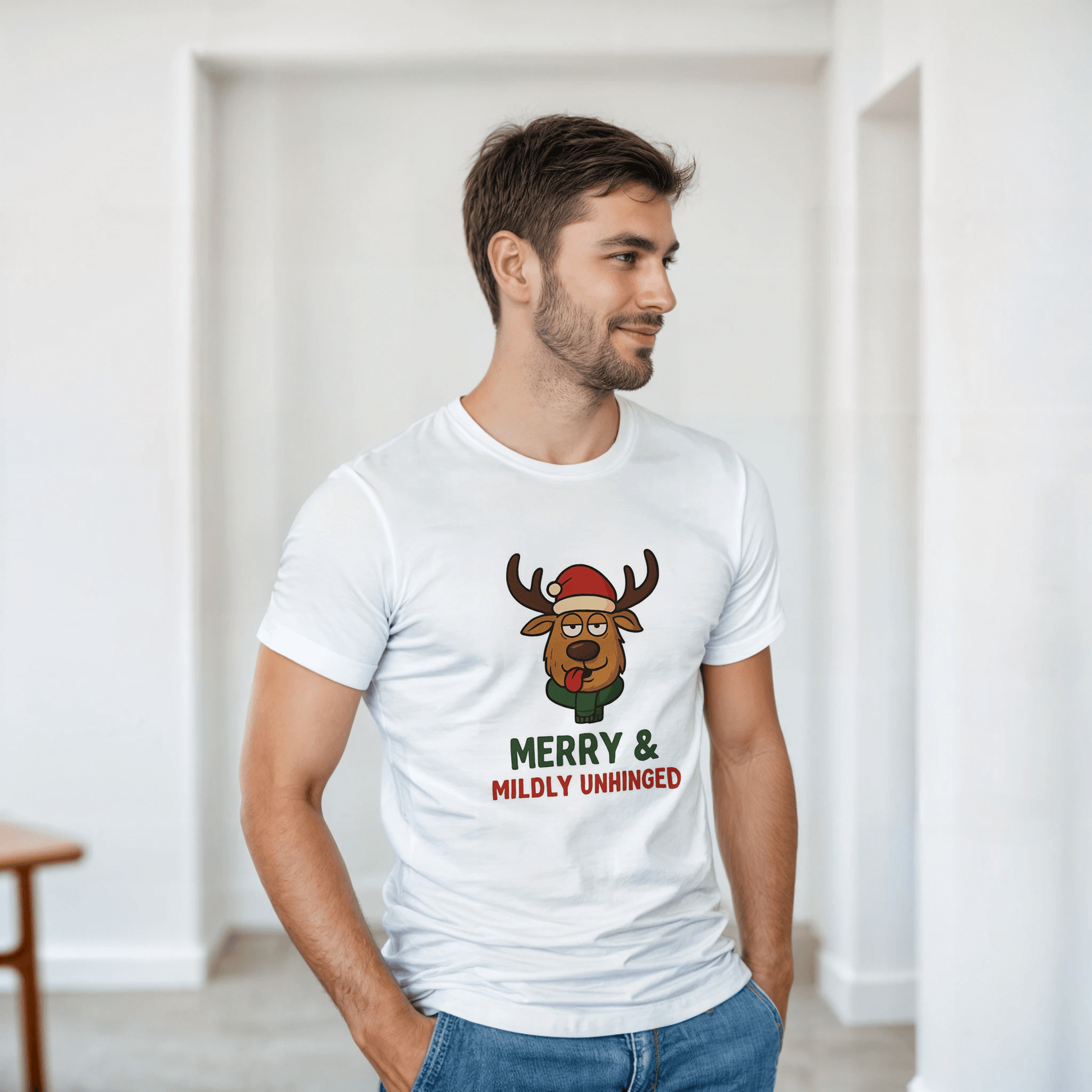a white t-shirt with a reindeer graphic and text