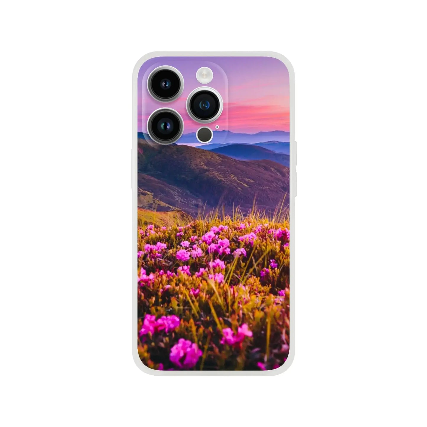Phone case with a mountain and flower design 