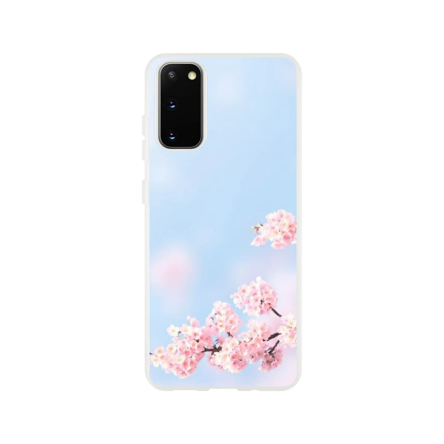 Phone case with cherry blossom design on a light blue background