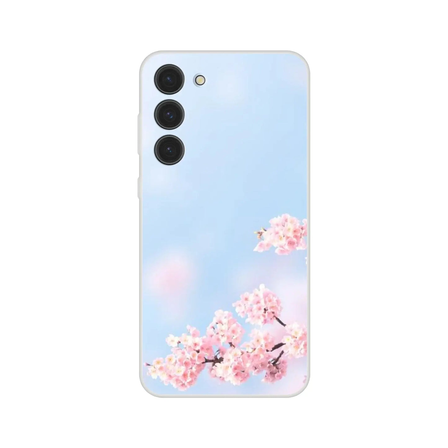Phone case with cherry blossom design on a light blue background